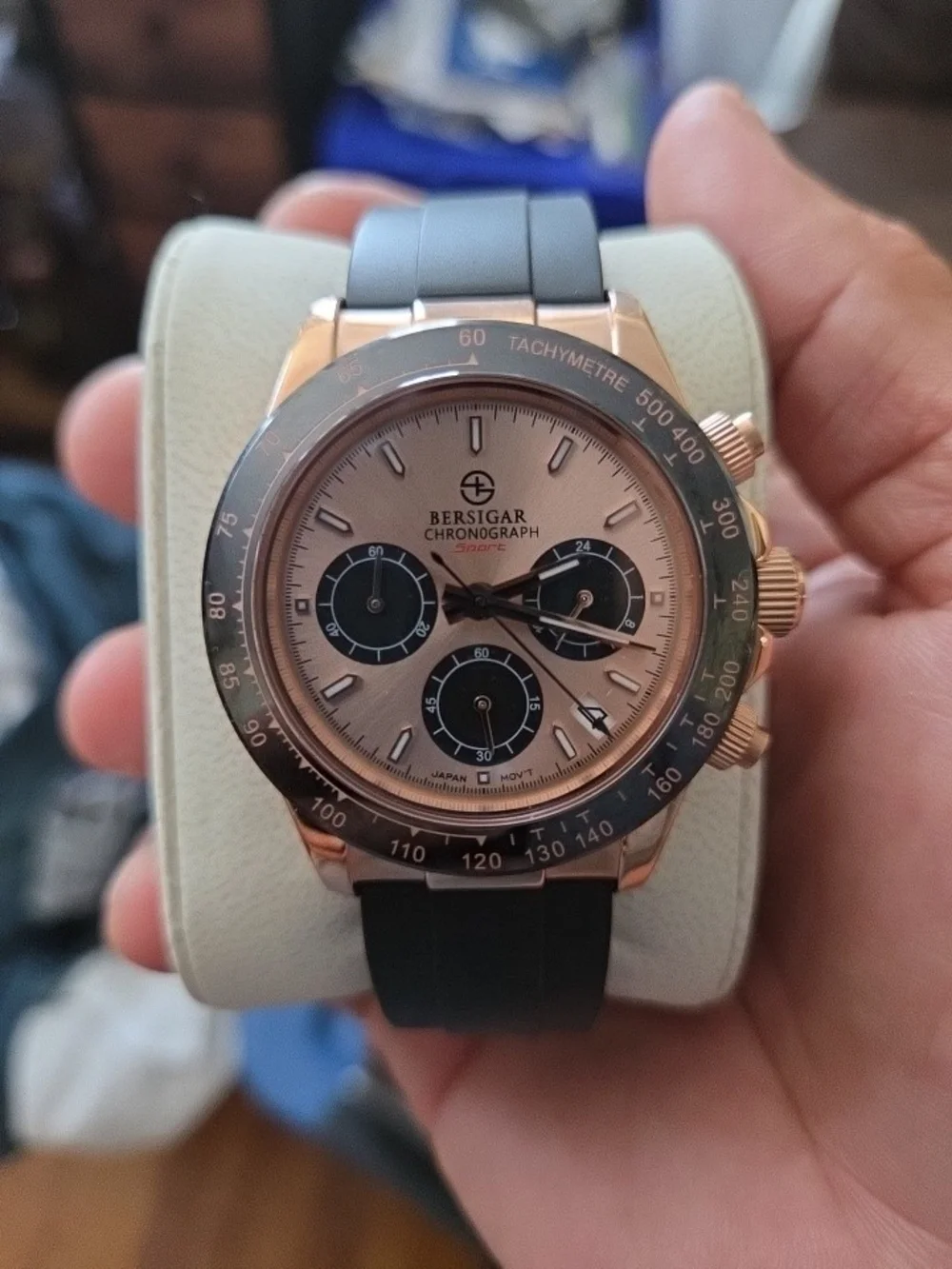 Bersigar Rose Gold Chronograph Watch with Black Strap
